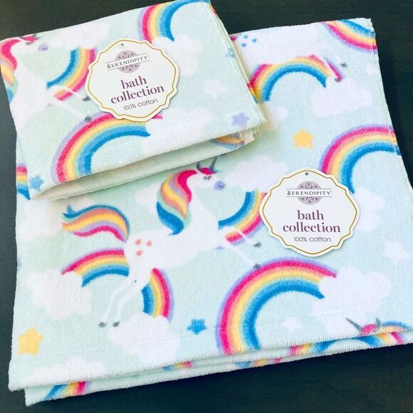 Rainbow Unicorn Print Cotton Bath & Hand Towels Set - Picture 1 of 2